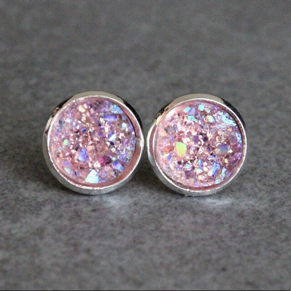 Pink Stud Earrings, Pink Earrings, Pink Druzy Stud